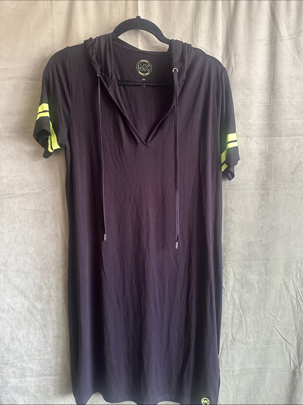 #991 Michael Kors Black Hooded Midi Dress with Neon Yellow Stripe